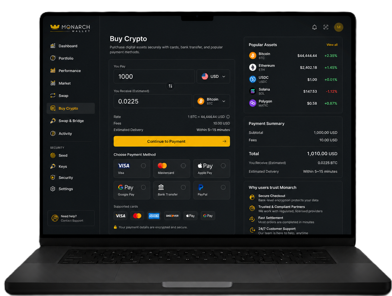 Monarch Wallet buy crypto screen with card payment options.